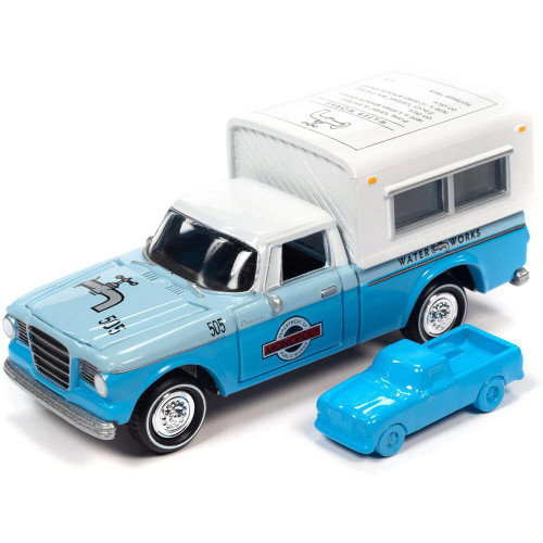 Monopoly 1960 Studebaker w/Camper Water Works w/Token - Blue/White 1:64 Scale Diecast Model by Johnny Lightning Main Image