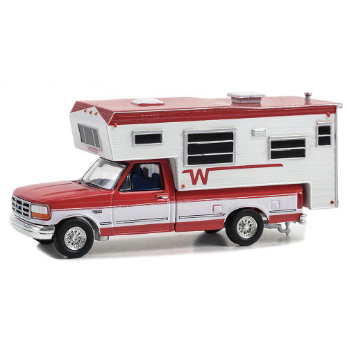 1995 Ford F-250 Long Bed with Winnebago Slide-In Camper - Bright Red and Oxford White 1:64 Scale Diecast Model by Greenlight Main Image