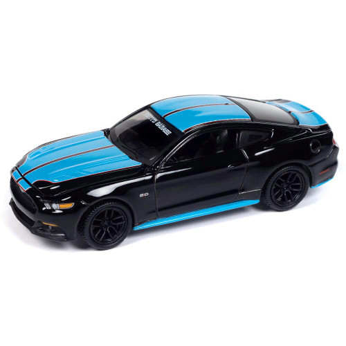 Petty's Garage 2015 Ford Mustang GT - Gloss Black Body Color w/Twin Blue Upper Stripes 1:64 Scale Diecast Model by Auto World Main Image