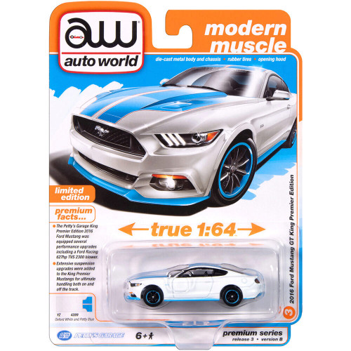 2016 Petty's Garage Mustang GT King Premier - White 1:64 Scale Diecast Model Car by Auto World Alt Image 2