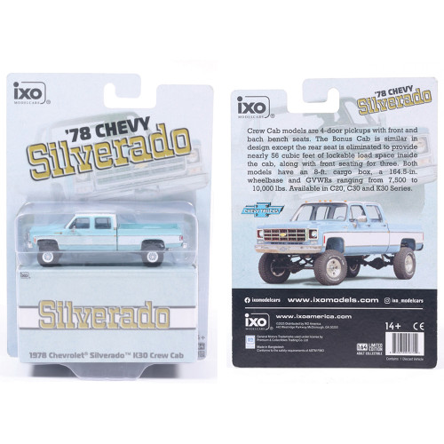 1978 Chevrolet Silverado K30 Crew Cab Fleetside Lifted - Light Blue and Frost White 1:64 Scale Diecast Model Truck by IXO Models Alt Image 7