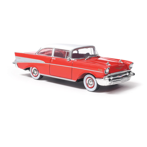 1957 Chevrolet Bel Air Sedan - Matador Red and India Ivory 1:64 Scale Diecast Model Car by IXO Models Alt Image 2