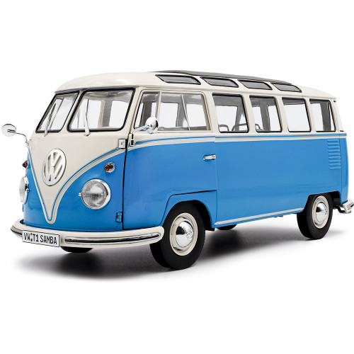 1962 Volkswagen T1 Samba - Blue/White 1:18 Scale Diecast Model Car by Solido Main Image