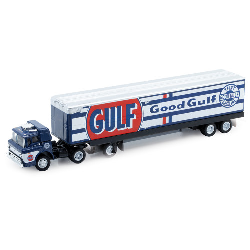 1970 Ford C-600 Tractor Trailer & Mustang Fastback - Gulf 1:64 Scale Diecast Model Truck by M2 Machines Main Image