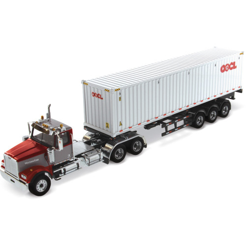 Western Star 4900 SFFA Day Cab with 40' Dry Goods Sea Container - Red& Gray - OOCL - White 1:50 Scale Diecast Model Truck by Diecast Masters Main Image