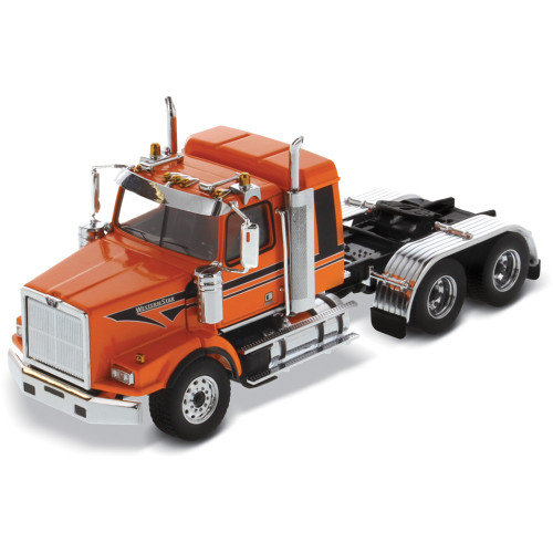 Western Star 4900 SB 40 Sleeper Tandem Tractor - Metallic Orange with Black Accent Stripes 1:50 Scale Diecast Model Truck by Diecast Masters Main Image