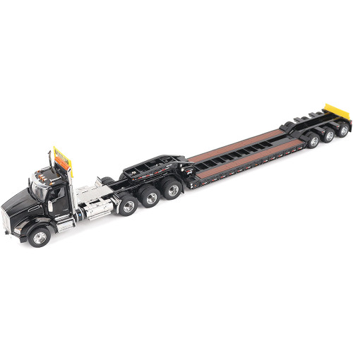 Kenworth T880 SBFA Daycab Tridem Tractor with Trail King TK120 HDG Lowboy Trailer - Black 1:50 Scale Diecast Model Truck by Diecast Masters Main Image