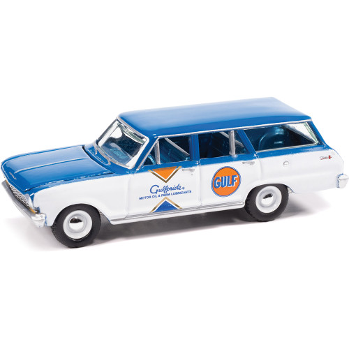 1963 Chevy II Wagon Gulf  - White w/Dark Blue Roof & Gulf Graphics 1:64 Scale Diecast Model Truck by Auto World Main Image