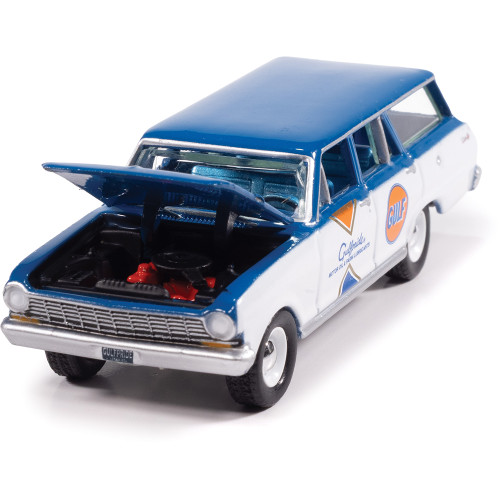 1963 Chevy II Wagon Gulf  - White w/Dark Blue Roof & Gulf Graphics 1:64 Scale Diecast Model Truck by Auto World Alt Image 1
