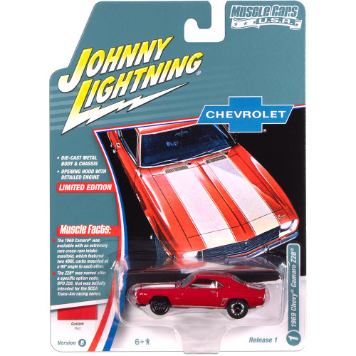 1969 Chevy Camaro Z28 - Red w/White Stripes 1:64 Scale Diecast Model Car by Johnny Lightning Alt Image 2