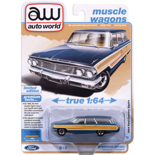 1964 Ford Country Squire - Guardsman Blue w/Honey Colored Wood Trim 1:64 Scale Diecast Model Car by Auto World Alt Image 2