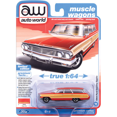 1964 Ford Country Squire - Poppy Red w/Honey-Colored Wood Trim 1:64 Scale Diecast Model Car by Auto World Alt Image 1