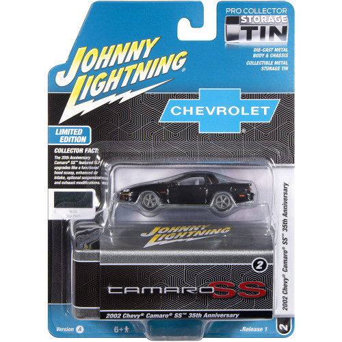 2002 Chevy Camaro SS 35th Anniversary w/Tin - Black w/Silver Stripes 1:64 Scale Diecast Model Car by Johnny Lightning Alt Image 1