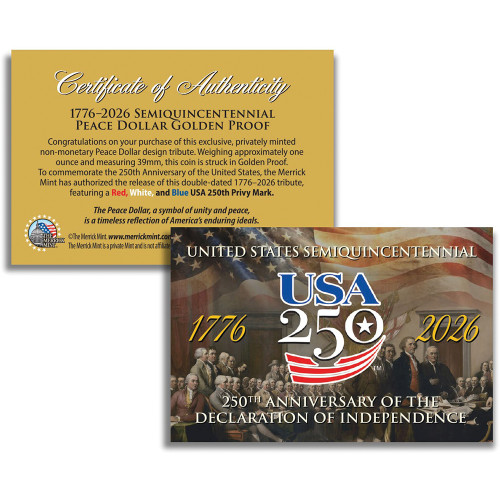 PEACE DOLLAR GOLDEN TRIBUTE 1 OZ COIN -250TH ANNIVERSARY Merrick Mint (PEACE_250TH_GLD_TRIB)   by Merrick Mint Alt Image 3