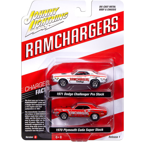 1971 Dodge Challenger Pro Stock-White & 1970 Plymouth Cuda Super Stock Ram Chargers-Red 1:64 Scale Diecast Model Car by Johnny Lightning Alt Image 3