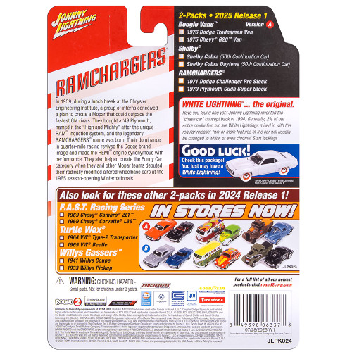1971 Dodge Challenger Pro Stock-White & 1970 Plymouth Cuda Super Stock Ram Chargers-Red 1:64 Scale Diecast Model Car by Johnny Lightning Alt Image 4