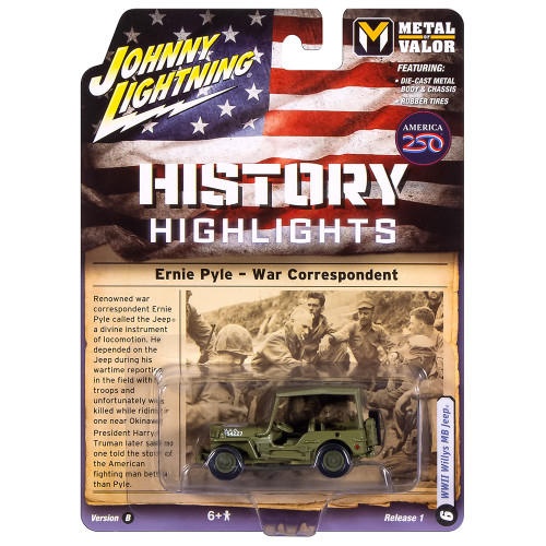 WWII Willys MB Jeep Press Pool/ Ernie Pyle - Olive Drab Dirty 1:64 Scale Diecast Model by Johnny Lightning Alt Image 1