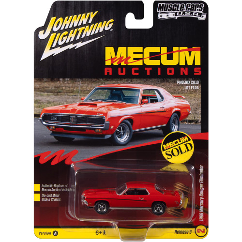 1969 Mercury Cougar Eliminator Mecum Auctions - Competition Orange w/Black Stripe 1:64 Scale Diecast Model Car by Johnny Lightning Alt Image 1