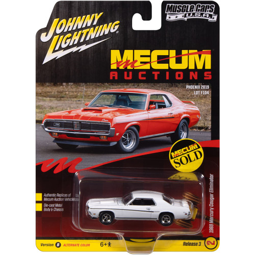 1969 Mercury Cougar Eliminator Mecum Auctions - White w/Black Stripe 1:64 Scale Diecast Model Car by Johnny Lightning Alt Image 1
