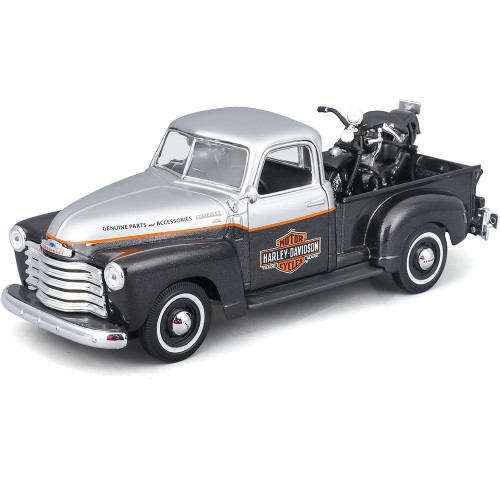Harley-Davidson 1948 FL Panhead + 1950 Chevrolet 3100 Pickup - Black 1:24 Scale Diecast Model Truck by Maisto Main Image