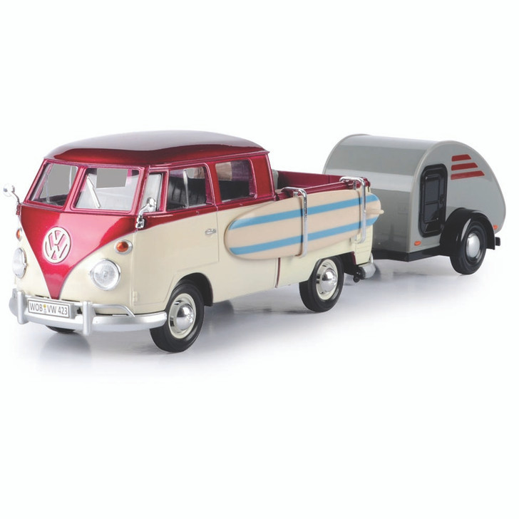 VW Type 2 T1 Pickup Surf Trailer Set & Teardrop Trailer 1:24 Scale Diecast  Model Truck by Motormax