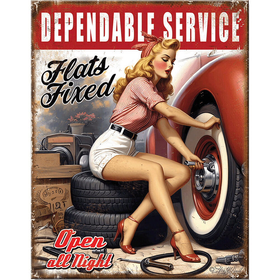 Flats Fixed - Tire Girl Metal Sign   by Desperate Enterprises Main Image