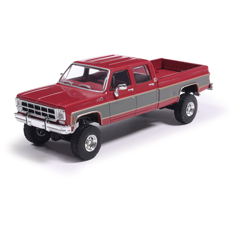 1977 GMC Sierra Grande K2500 Crew Cab Wideside - Dark Red Metallic and Silver Special Two-Tone - Lifted 1:64 Scale Diecast Model Truck by IXO Models Main Image