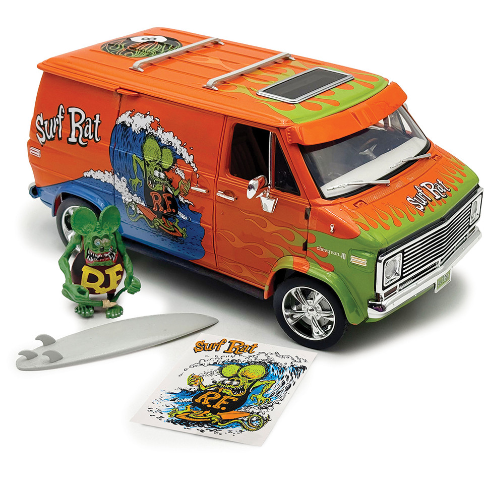 1976 Chevrolet Rat Fink G-Series Van - Surf Rat w/Figure Surfboard & Sticker 1:18 Scale Diecast Model Truck by Acme Main Image