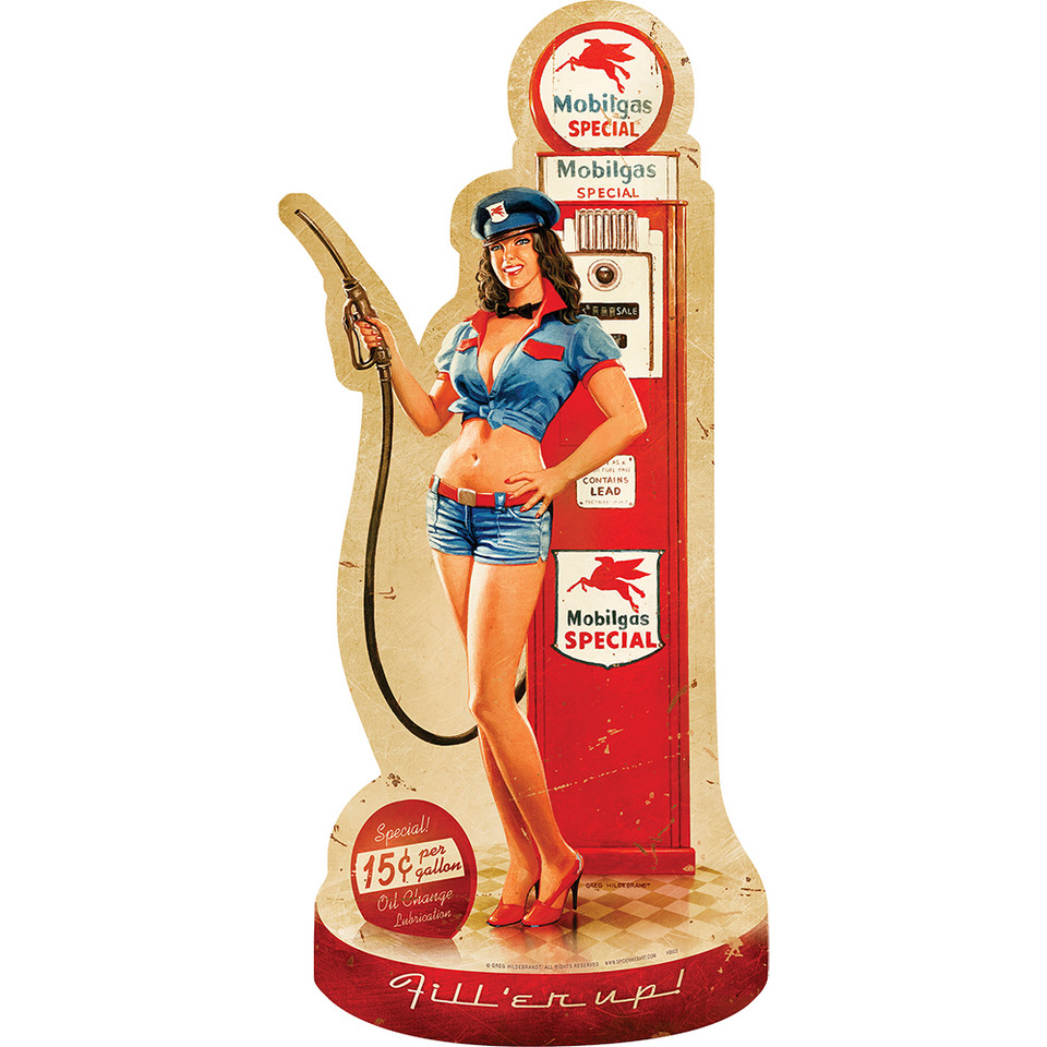 Gas Pump Girl Vintage Pinup Metal Sign by Greg Hildebrandt  Metal Sign by Reedyville Goods Main Image
