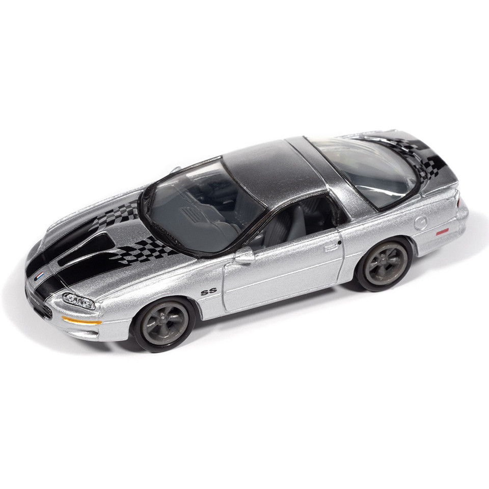 2002 Chevy Camaro SS 35th Anniversary w/Tin - Silver w/Black Stripes 1:64 Scale Diecast Model Car by Johnny Lightning Main Image