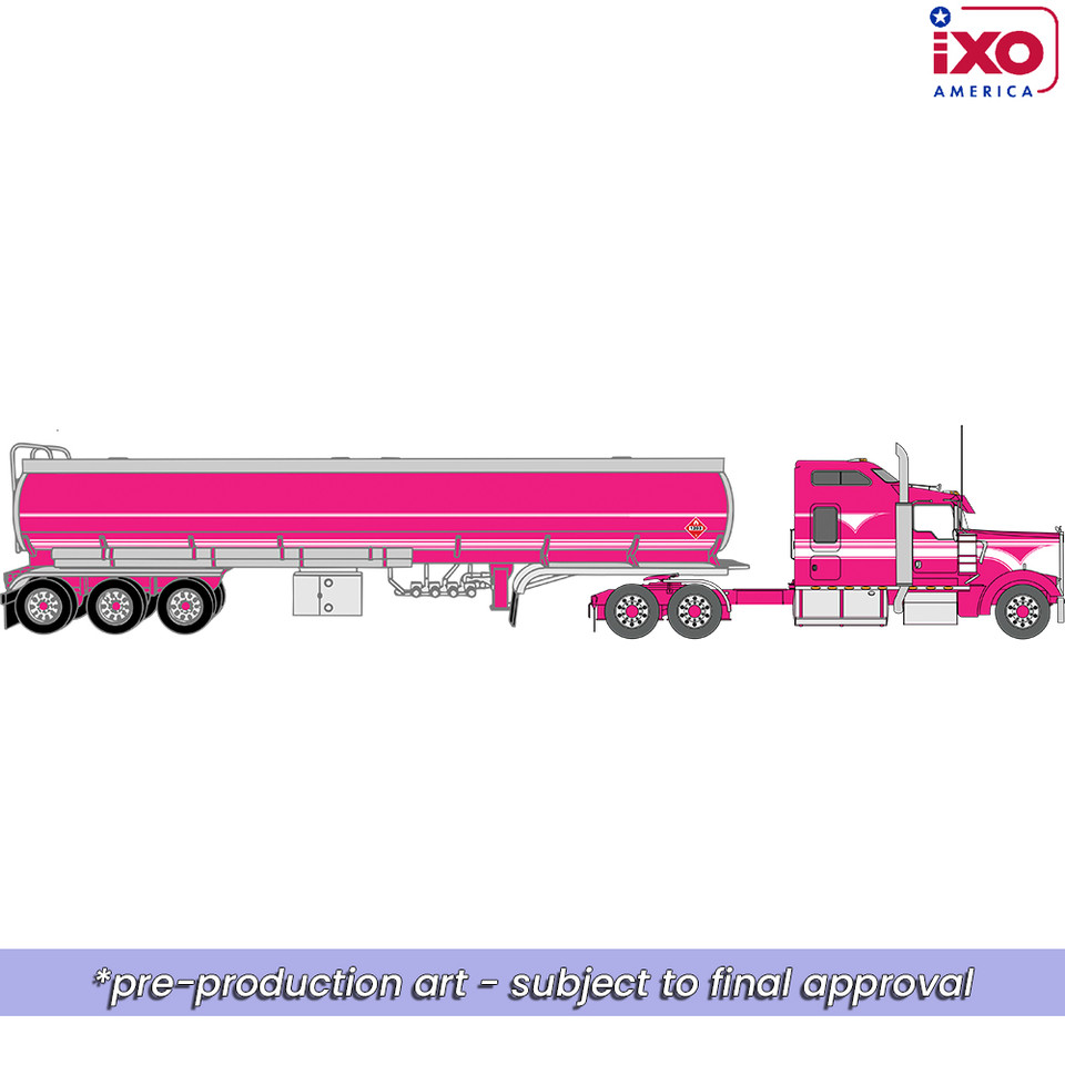 1990 Kenworth W900 With Tri Axle Petroleum Tanker - Pink 1:64 Scale Diecast Model Truck by IXO Models Main Image