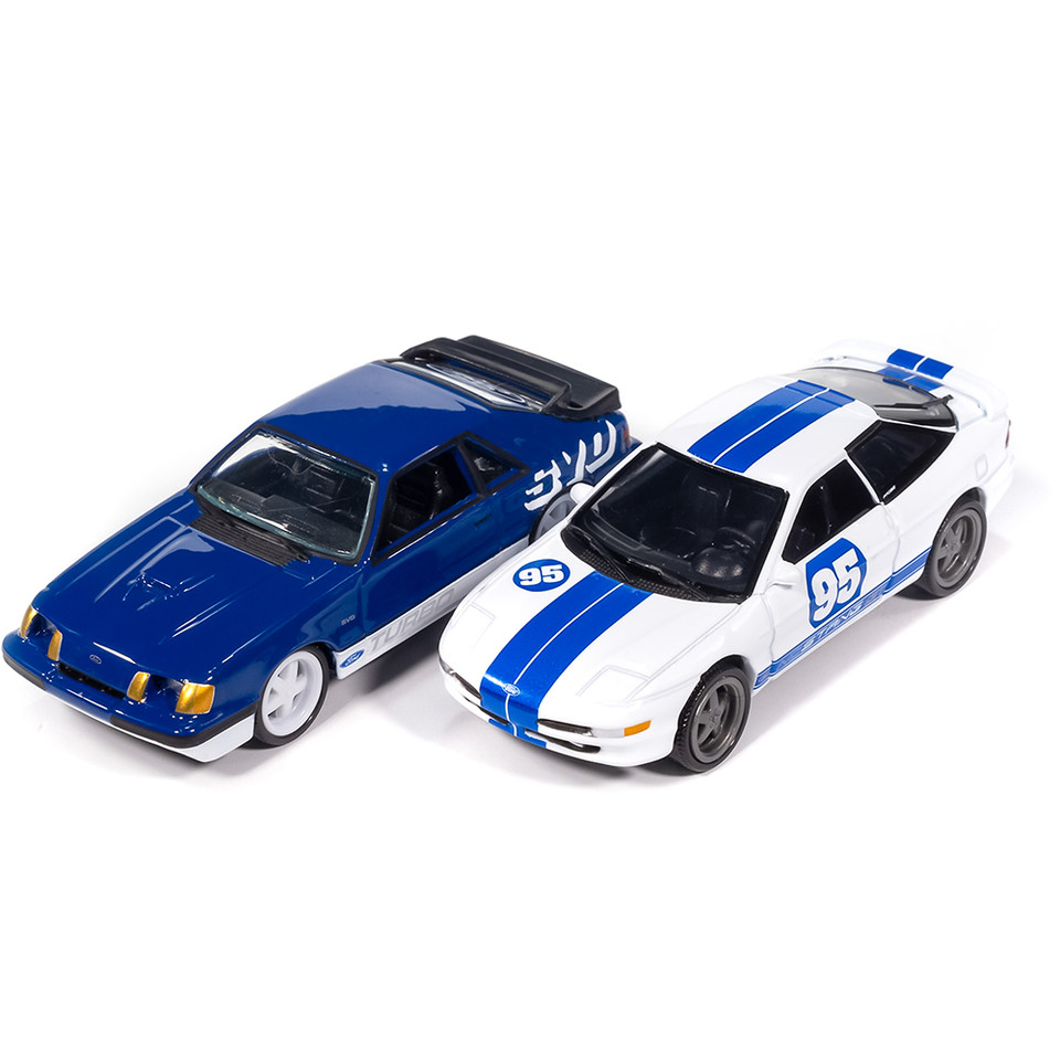 1995 Ford Probe GT & 1984 Ford Mustang SVO Curve Huggers 2Pack A - White & Blue 1:64 Scale Diecast Model Car by Auto World Main Image