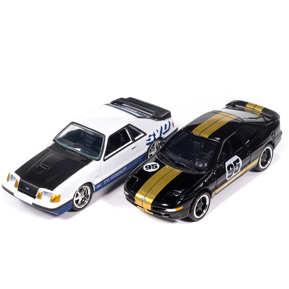 1995 Ford Probe GT & 1984 Ford Mustang SVO Curve Huggers 2Pack B - Black & White 1:64 Scale Diecast Model Car by Auto World Main Image