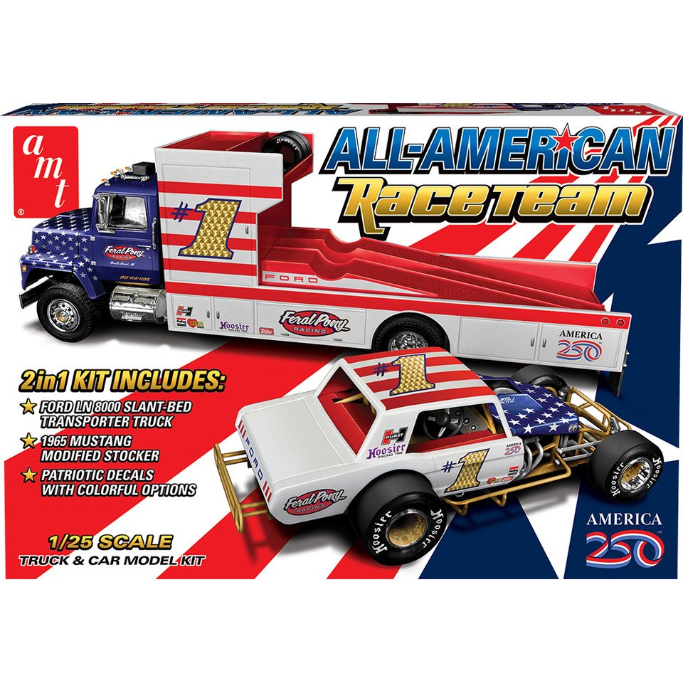 All American Race Team Ford LN 8000 Transporter & 1965 Mustang Modified 1:25 Scale Model Kit by AMT Main Image