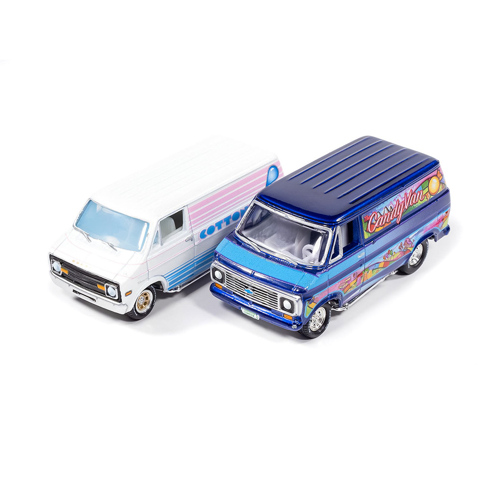 1976 Dodge Tradesman Van & 1975 Chevy G20 Van Boogie Vans - White+Purple 1:64 Scale Diecast Model Truck by Johnny Lightning Main Image