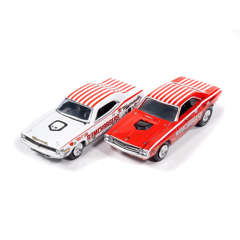 1971 Dodge Challenger Pro Stock-Red & 1970 Plymouth Cuda Super Stock Ram Chargers-White 1:64 Scale Diecast Model Car by Johnny Lightning Main Image