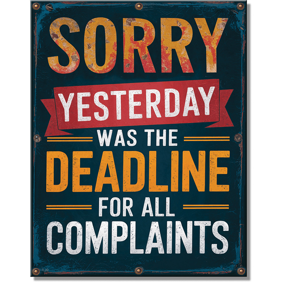Sorry, Yesterday Was The Deadline for Complaints  Metal Sign Desperate Enterprises (2967) Main Image