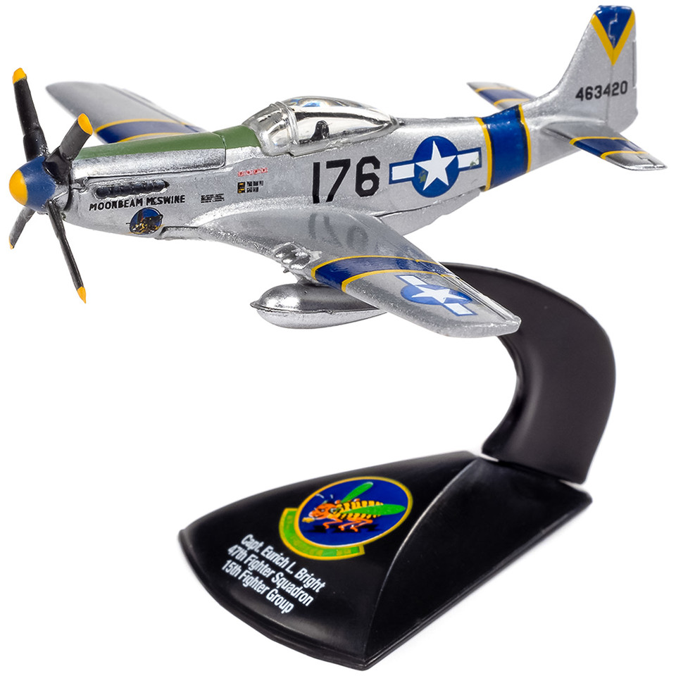 WWII North American Aviation P-51D Mustang Moonbeam McSwine - Silver w/Blue & Yellow Striping 1:64 Scale Diecast Model by Johnny Lightning Main Image