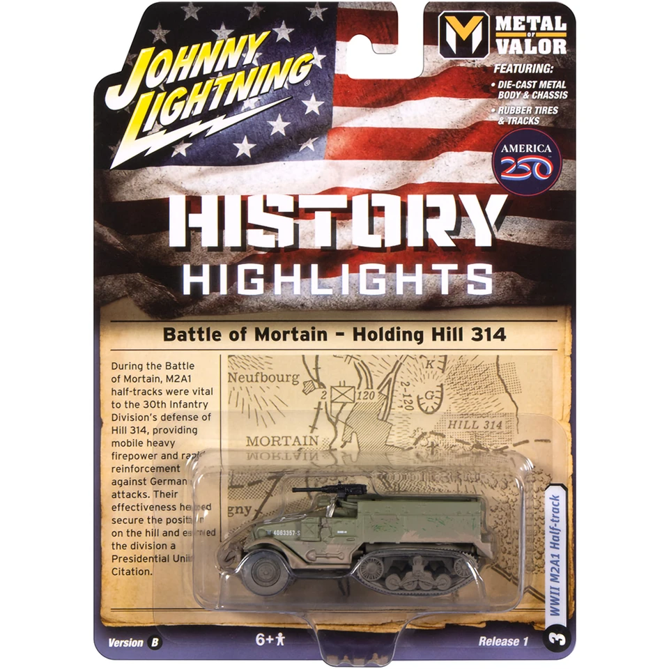 M2A1 Half Track Holding Hill 314 - Olive Drab Dirty 1:64 Scale Diecast Model by Johnny Lightning Main Image