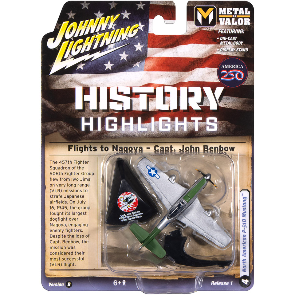 WWII North American Aviation P-51D Mustang Capt. Benbow - Silver w/Green Tail 1:64 Scale Diecast Model by Johnny Lightning Main Image