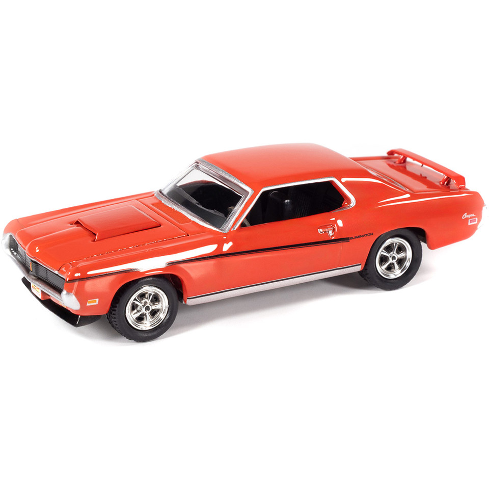 1969 Mercury Cougar Eliminator Mecum Auctions - Competition Orange w/Black Stripe 1:64 Scale Diecast Model Car by Johnny Lightning Main Image