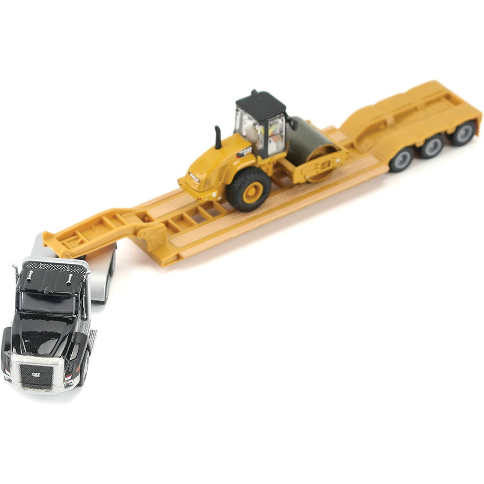 Black Kenworth T880 Tractor with Lowboy Trailer and Caterpillar Roller 1:87 Scale Diecast Model Construction by Diecast Masters Main Image