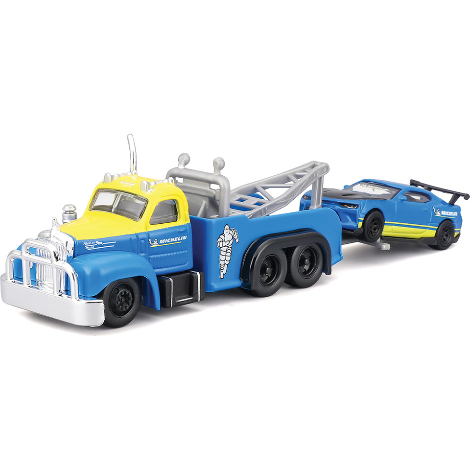 1953 Mack B-61 Tow Truck & Michelin Camaro SS 1:64 Scale Diecast Model Truck by Maisto Main Image