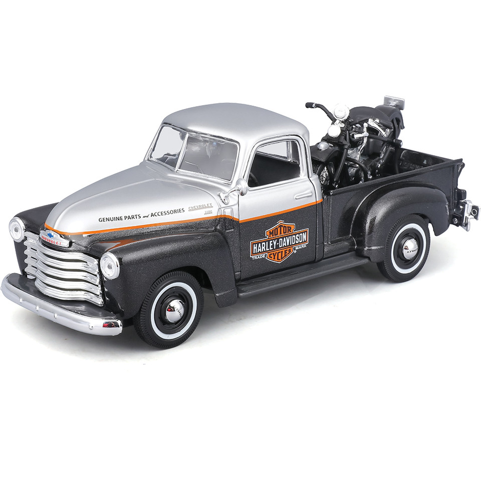 Harley-Davidson 1948 FL Panhead + 1950 Chevrolet 3100 Pickup - Black 1:24 Scale Diecast Model Truck by Maisto Main Image