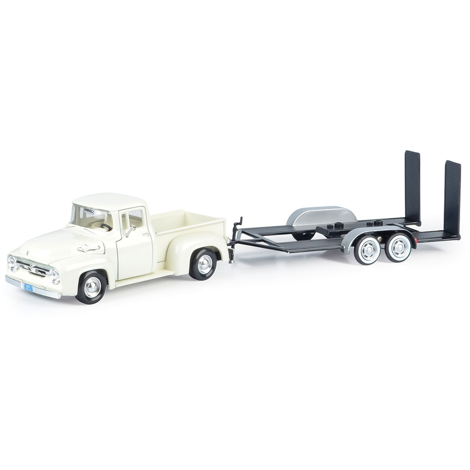 1956 Ford F-100 Pickup (White) & Diecast Trailer 1:24 Scale Diecast Model Truck by Motormax Main Image