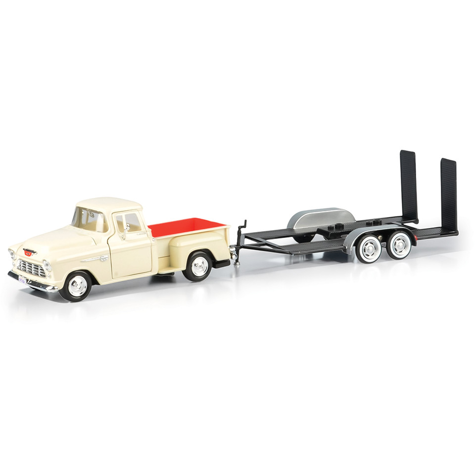 1955 Chevy Stepside (White) & Diecast Trailer 1:24 Scale Diecast Model Truck by Motormax Main Image