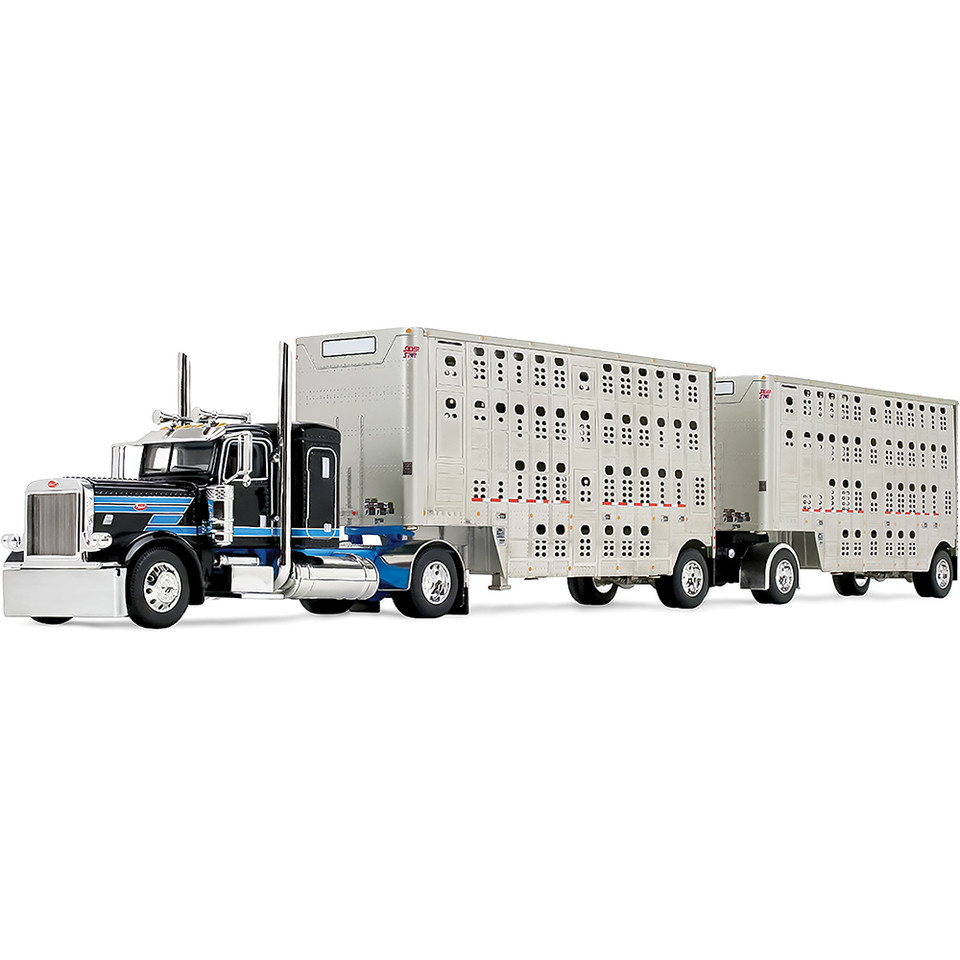 Peterbilt Model 389 with Sleeper & 28' Wilson Silverstar Double Livestock Trailers - Black/Cyan 1:64 Scale Diecast Metal by Diecast Promotions Main Image