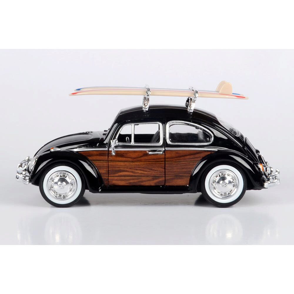 Volkswagen Beetle with Surfboard Black Diecast Model Car | Motormax