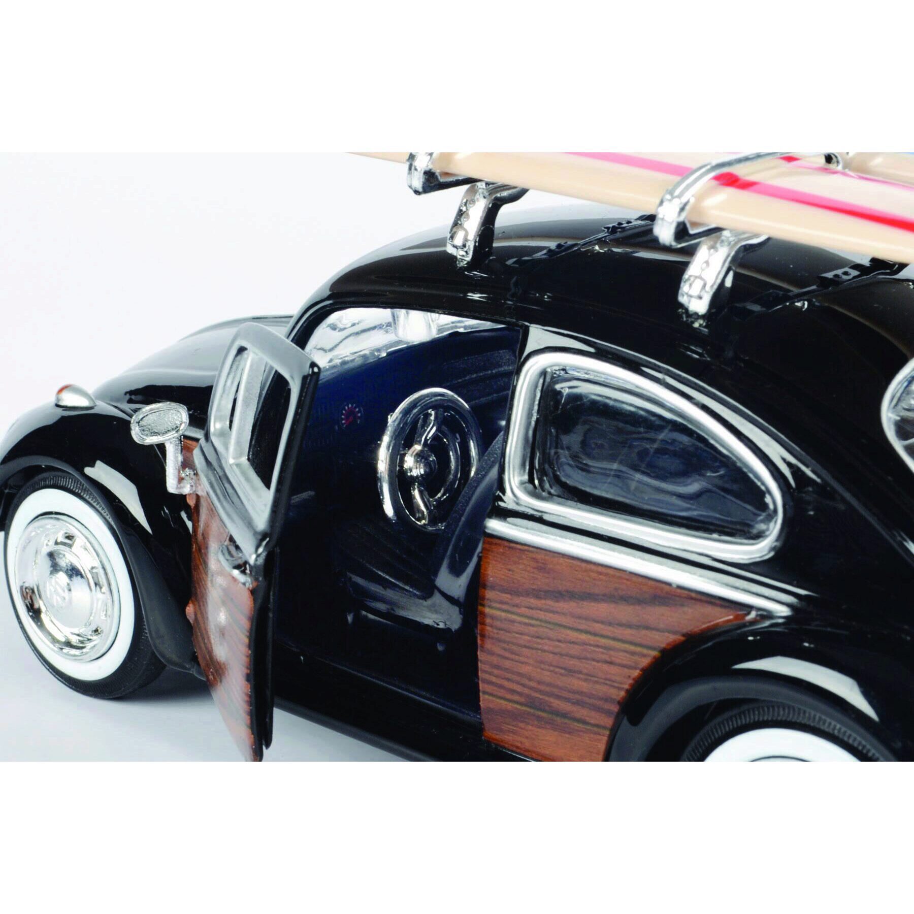 Volkswagen Beetle with Surfboard Black Diecast Model Car | Motormax