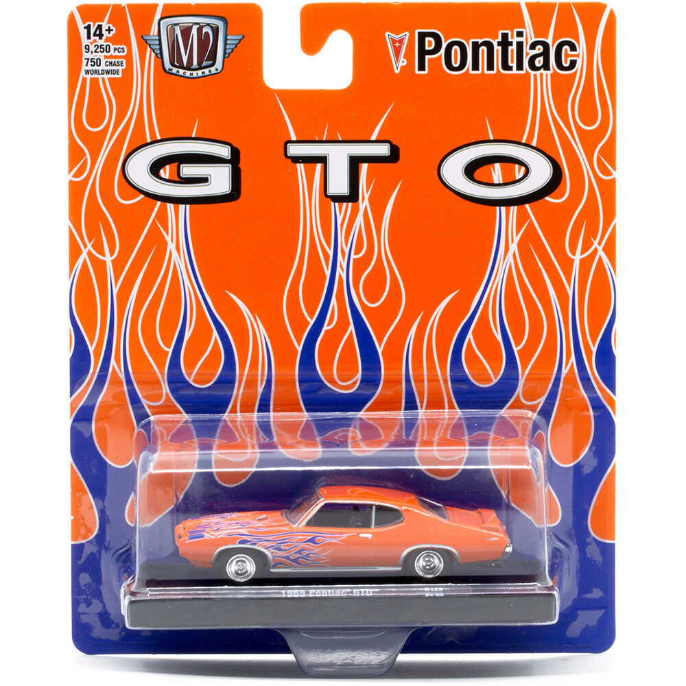 1969 Pontiac GTO Orange wFlames Diecast Model Car | M2 Machines